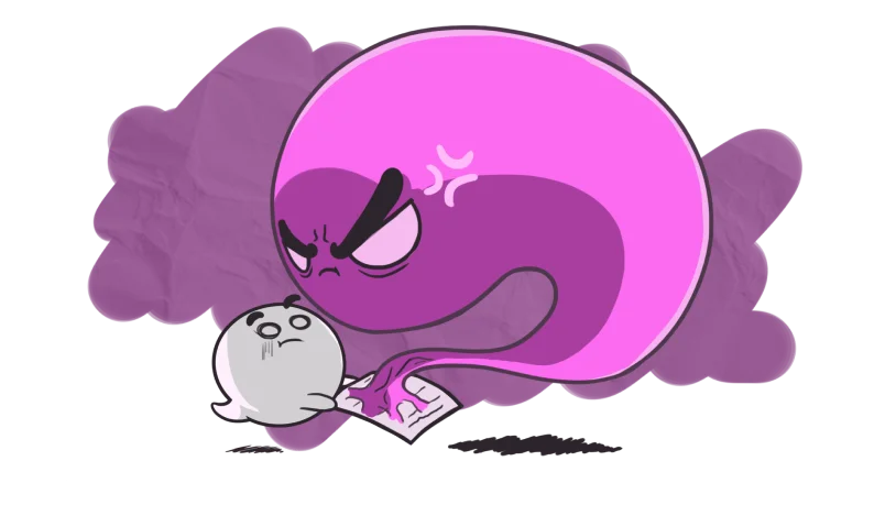 Illustration of a little ghost afraid of a bigger, angrier ghost