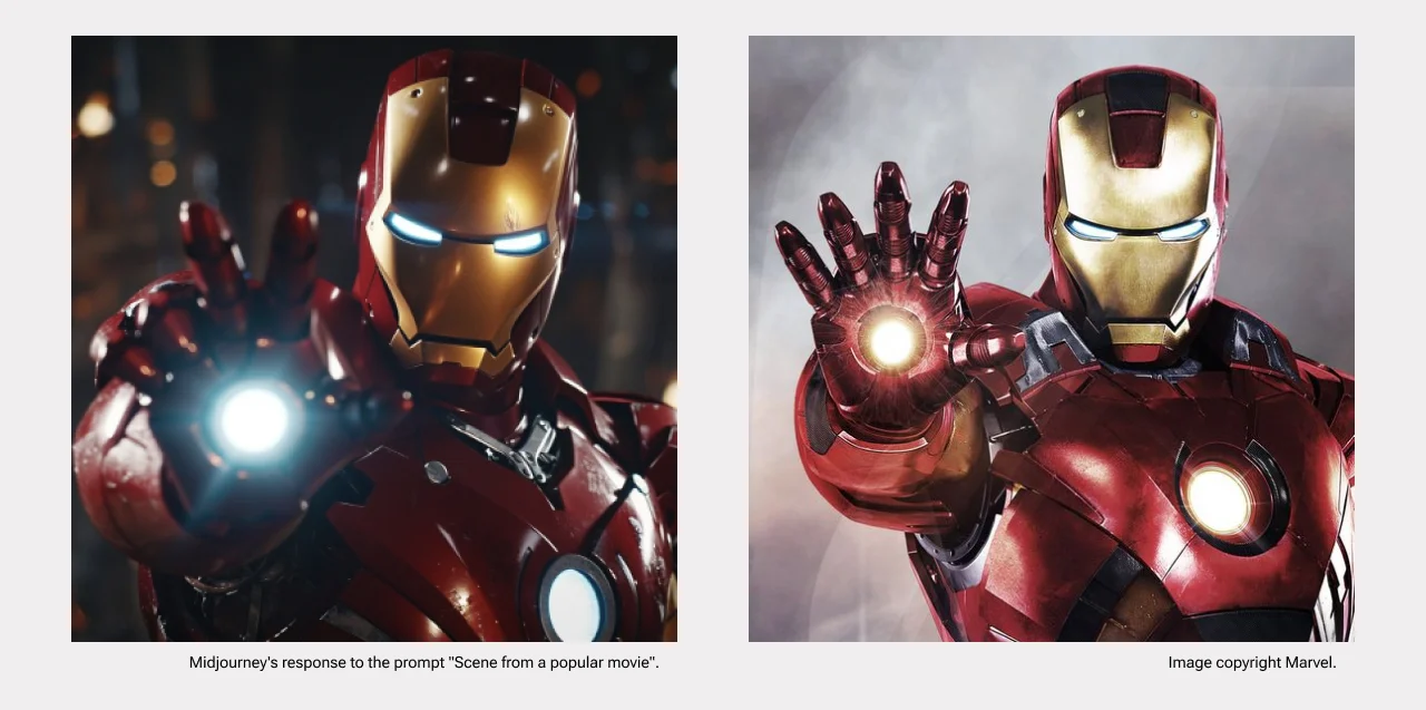 Two images of Iron Man, one created by AI and the other available from Marvel, with the one created by AI being far superior to Marvel’s