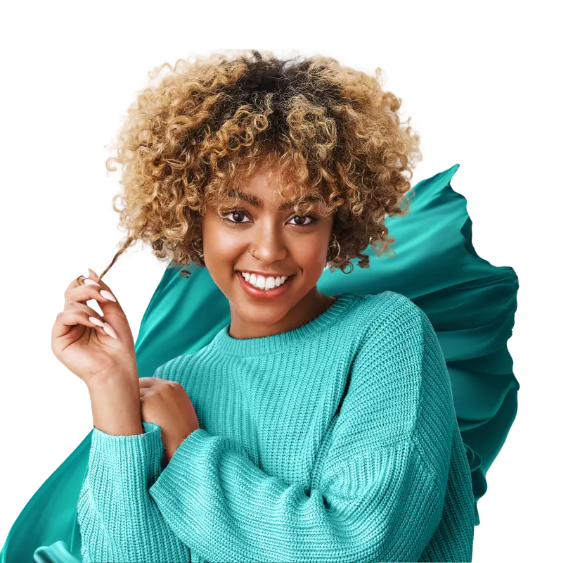 Green fabric from the Gotex Show’s visual identity and a smiling person with curly hair