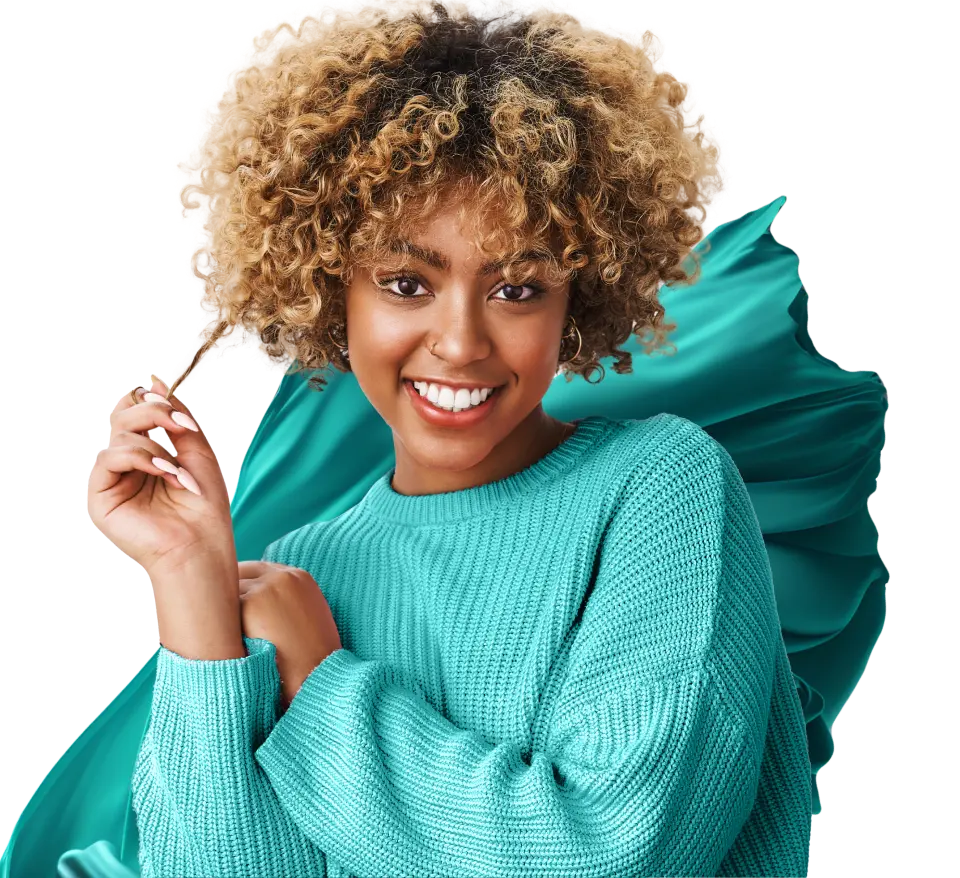 Green fabric from the Gotex Show’s visual identity and a smiling person with curly hair